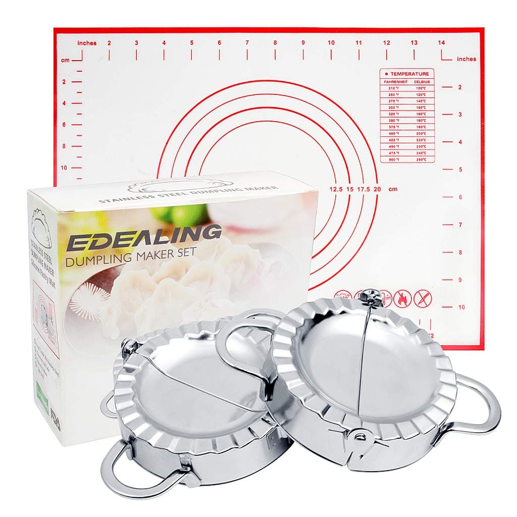 2 Pieces 9.5cm Dumpling Maker and Bonus Pastry Dough Mat, Stainless Steel Dumplings Mold Set Empanada Press for Pie Ravioli Pierogi Wrappers