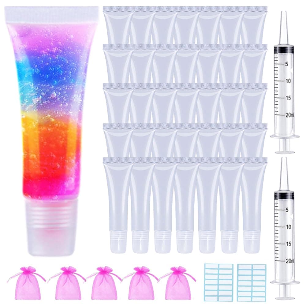 AMORIX 50PCS Lip Gloss Tubes 10ml Empty Lip Balm Containers Refillable Lipgloss Squeeze Tubes with 2 x 20ml Syringes 5pcs Organza Bags & Tag Labels Stickers for DIY Cosmetic