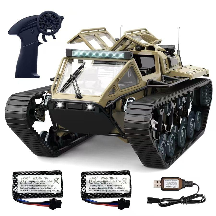 RC Tank Car, 1:16 Remote Control Crawler 10KM/H High Speed Tank, 2.4Ghz RC Rock Crawler Off-Road 4WD 360°Rotating Drifting Car with 2 Batteries, Military Truck Toy for Kids