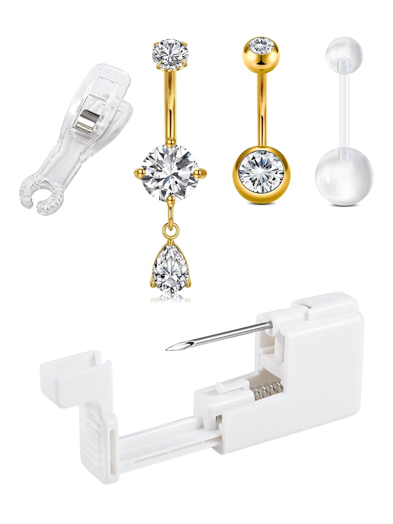 QWALIT Belly Button Piercing Kit Belly Piercing Kits Gold Belly Button Piercing Gun Self Belly Piercing Gun with Surgical Steel Dangling Belly Rings at Home