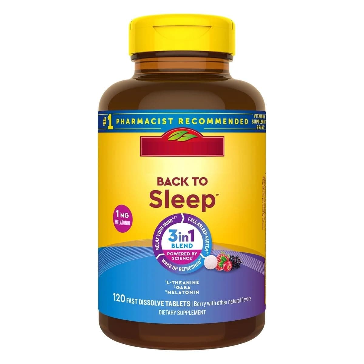 Naturally Made Back to Sleep Aid - 1mg Low Dose Melatonin, 100mg L-Theanine, 100mg GABA - 120 Fast Dissolve Tablets for Middle of The Night Support - Drug-Free, Non-Habit Forming, Blueberry Flavor