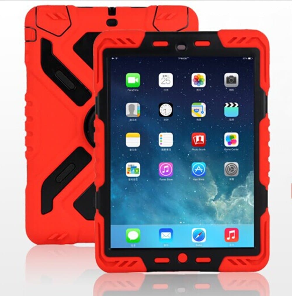 Hot Newest Ipad 2/3/4 Case Silicone Plastic Kid Proof Extreme Duty Dual Protective Back Cover with Kickstand and Sticker for Ipad 4/3/2 - Rainproof Sandproof Dust-proof Shockproof (RED-BLACK)