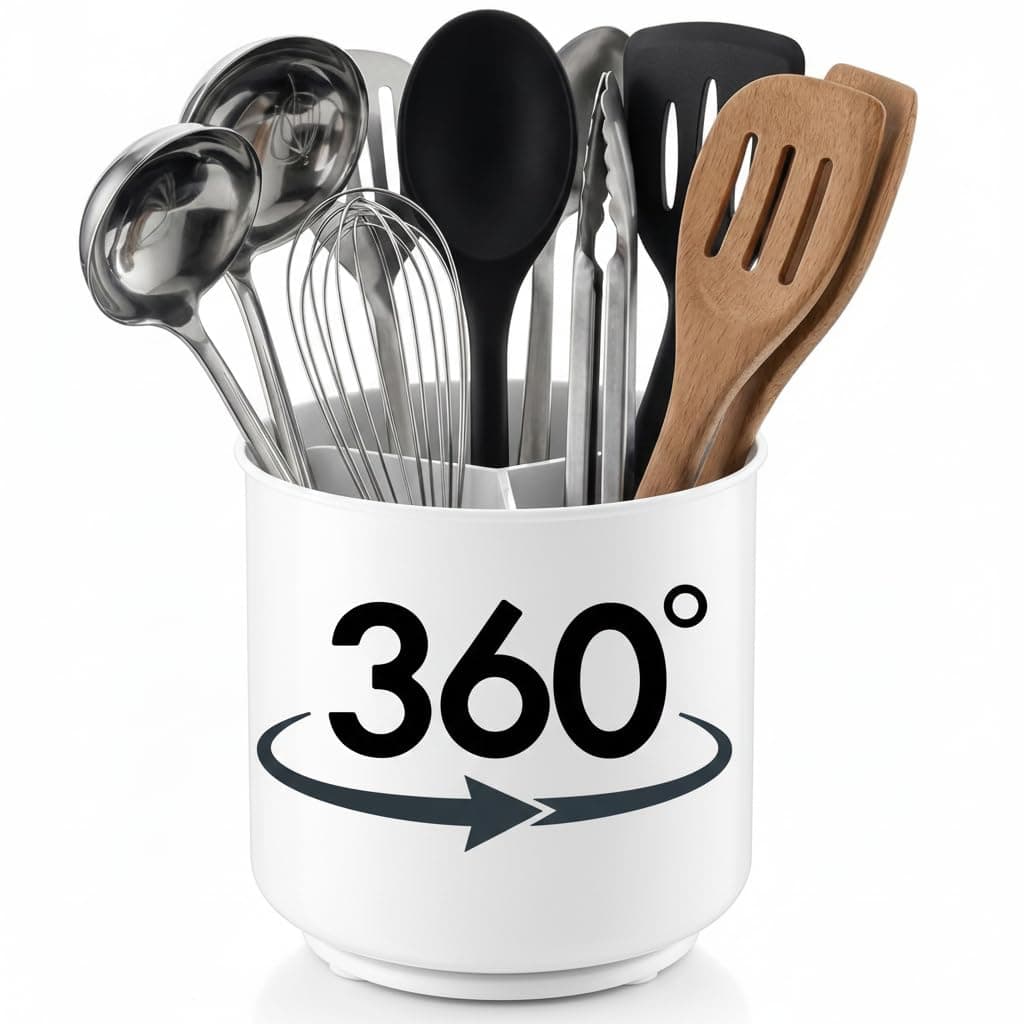 Extra Large and Sturdy Rotating Utensil Holder with No-Tip Weighted Base, Removable Divider, And Gripped Insert | Rust Proof and Dishwasher Safe by Cooler Kitchen