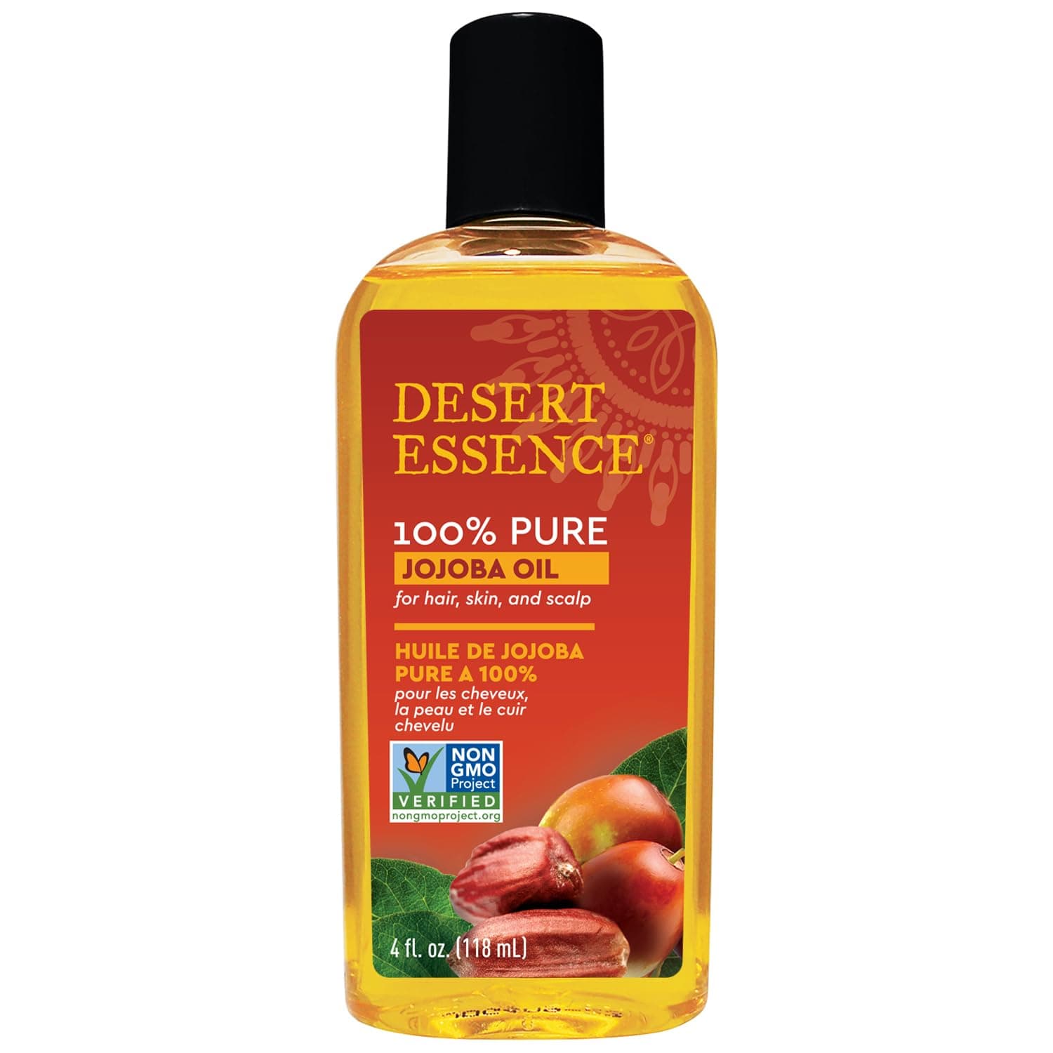 Desert Essence 100% Pure Jojoba Oil – 4 Fl Oz Moisturizer for Hair, Skin & Scalp | Makeup Remover & Aftershave Hydrator, Non-GMO, Vegan, Cold-Pressed, Anti-Flakiness & Non-Clogging Beauty Elixir