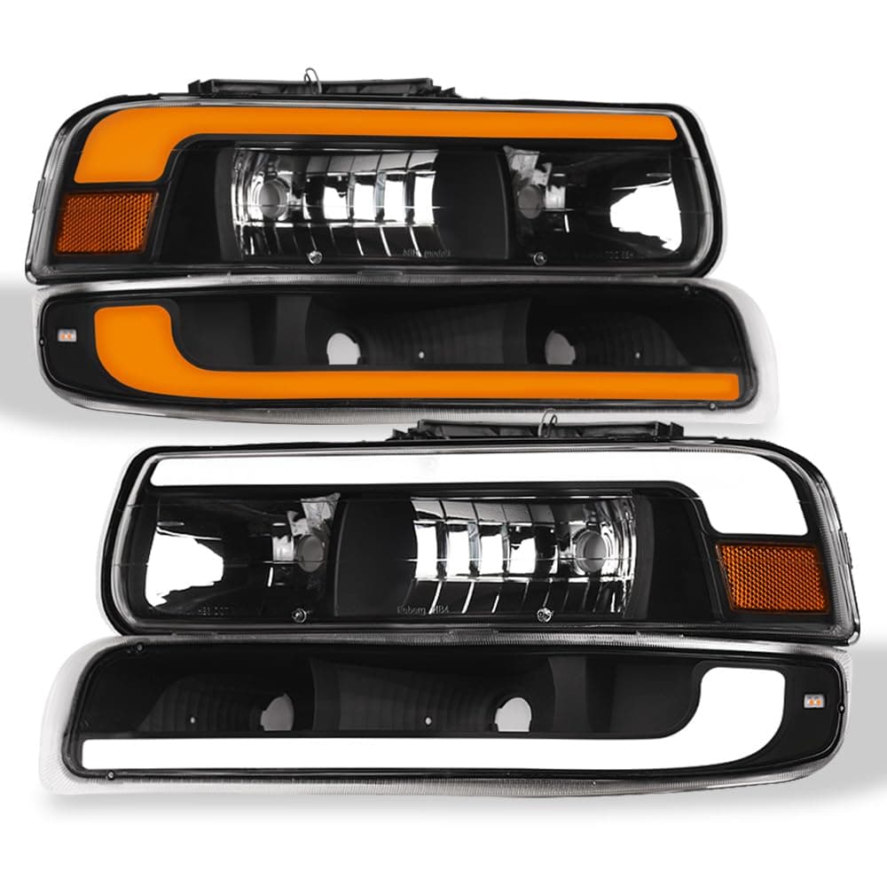 Switchback Sequential LED Strip Tube Bar Black Housing Crystal Headlights With Signal Bumper Lamps Amber Reflector 4-Pieces nb Compatible With 99-02 Chevy Silverado / 00-06 Suburban Tahoe