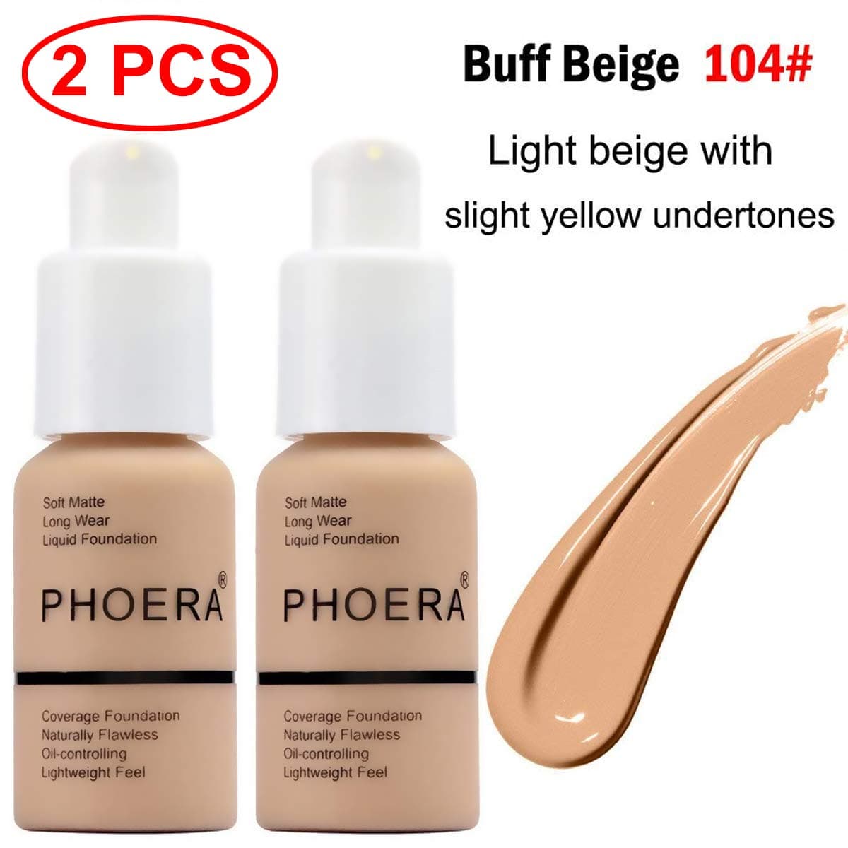 2 Pcs Phoera Liquid Foundation,30ml Natural Moisturizing Highlighting Matte Oil Control Concealer Facial Blemish Concealer Color Changing for Women Girls (104 Buff Beige)