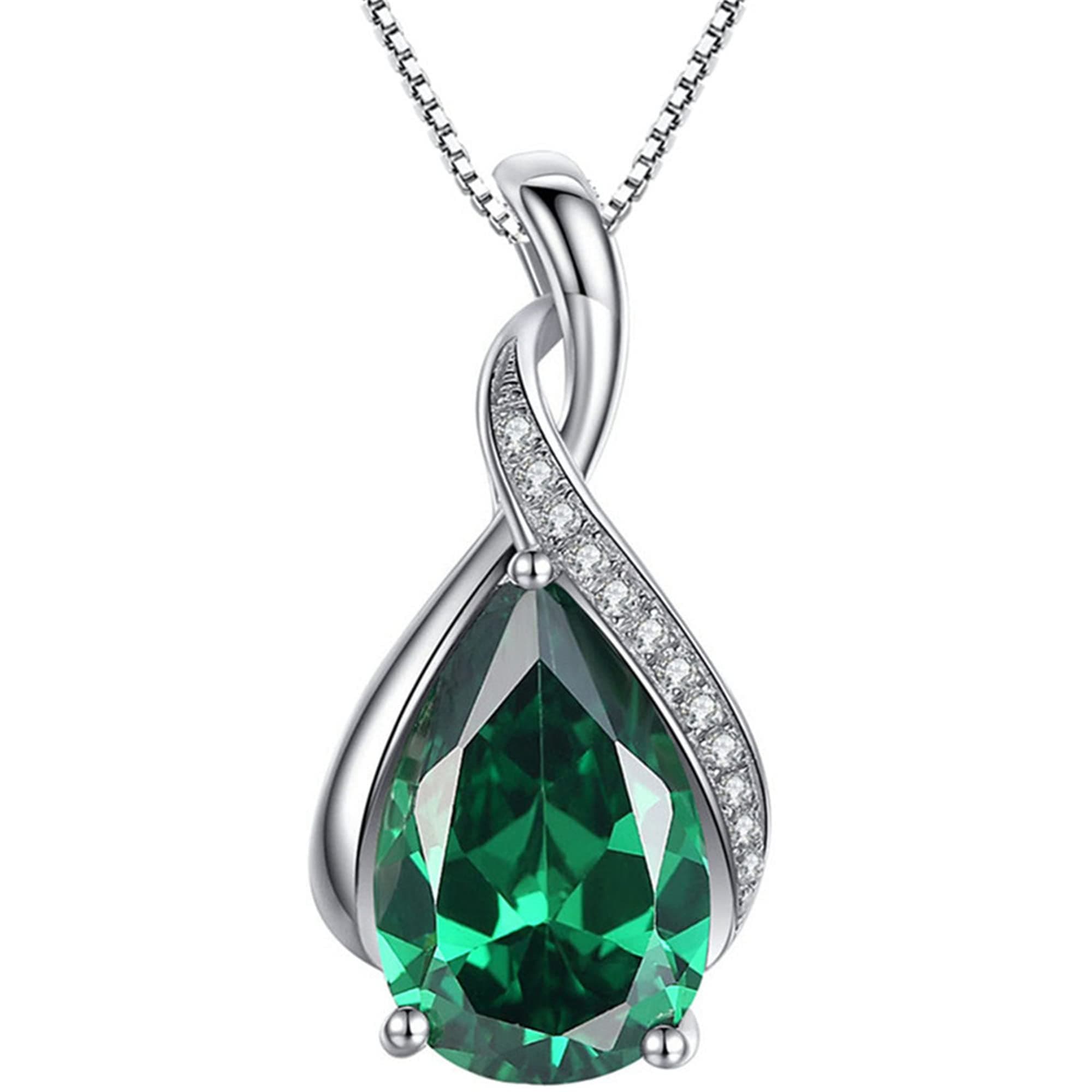 Classic Sterling Silver Pendant Necklace Pear Cut Simulated RUBY SAPPHIRE EMERALD Birthstone Jewelry Gifts for Women