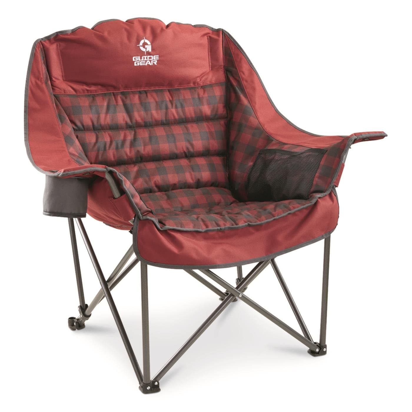 Guide Gear Oversized Extra Large Padded Camping Chair, Portable, Folding, Large Camp Lounge Beach Chairs for Outdoor, Adults, Men and Women, Heavy-Duty 400 Pound Capacity, with Cup Holder Red Plaid