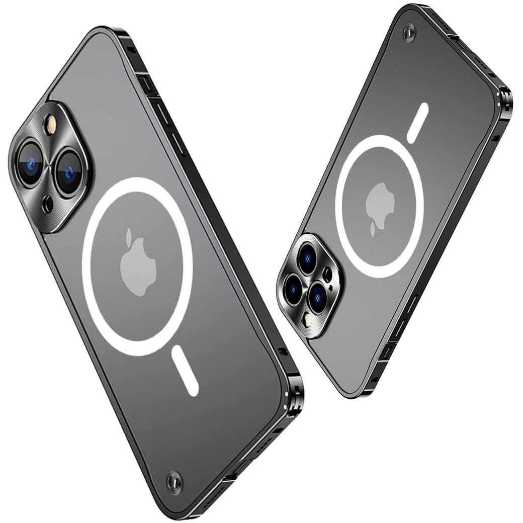 Disonbeir Metal Frame Case Compatible with iPhone 14, Ultra Slim Frosted PC Matte Back with Lanyard Holes Lock Type Military Aluminum Alloy Bumper (Black)