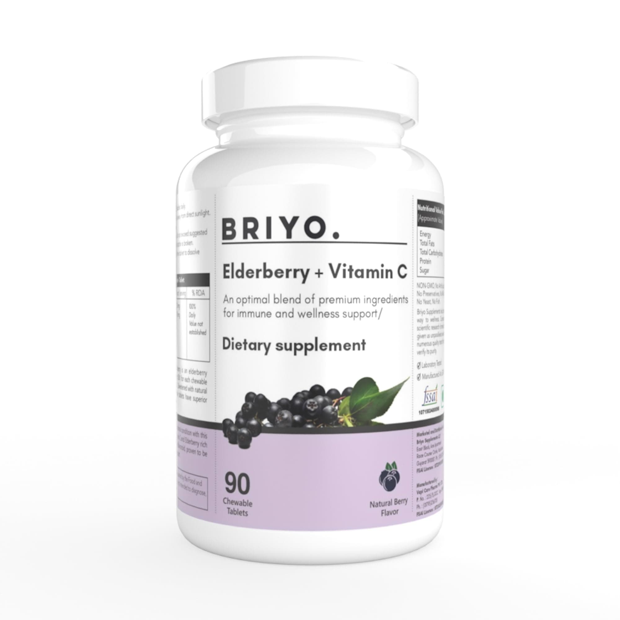 Briyo Elderberry Plus Vitamin C - 90 Chewable Tablets - For Daily Immune Support Immunity Booster, Healthy Antioxidants and Skin Care (Natural Berry Flavour)
