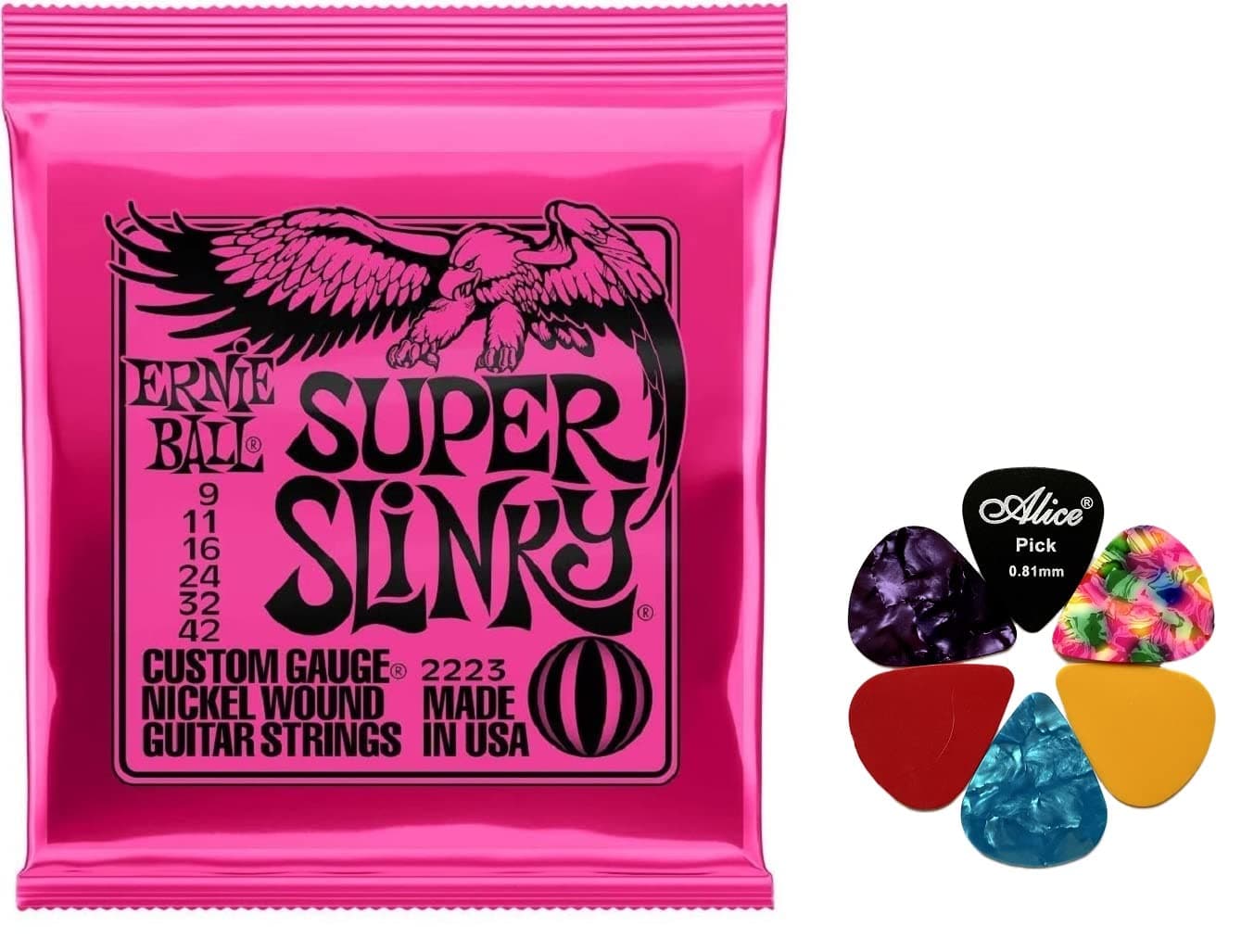 Bundle Ernie Ball Super Slinky Guitar Strings 2223 (9-42) with 6 plectrums