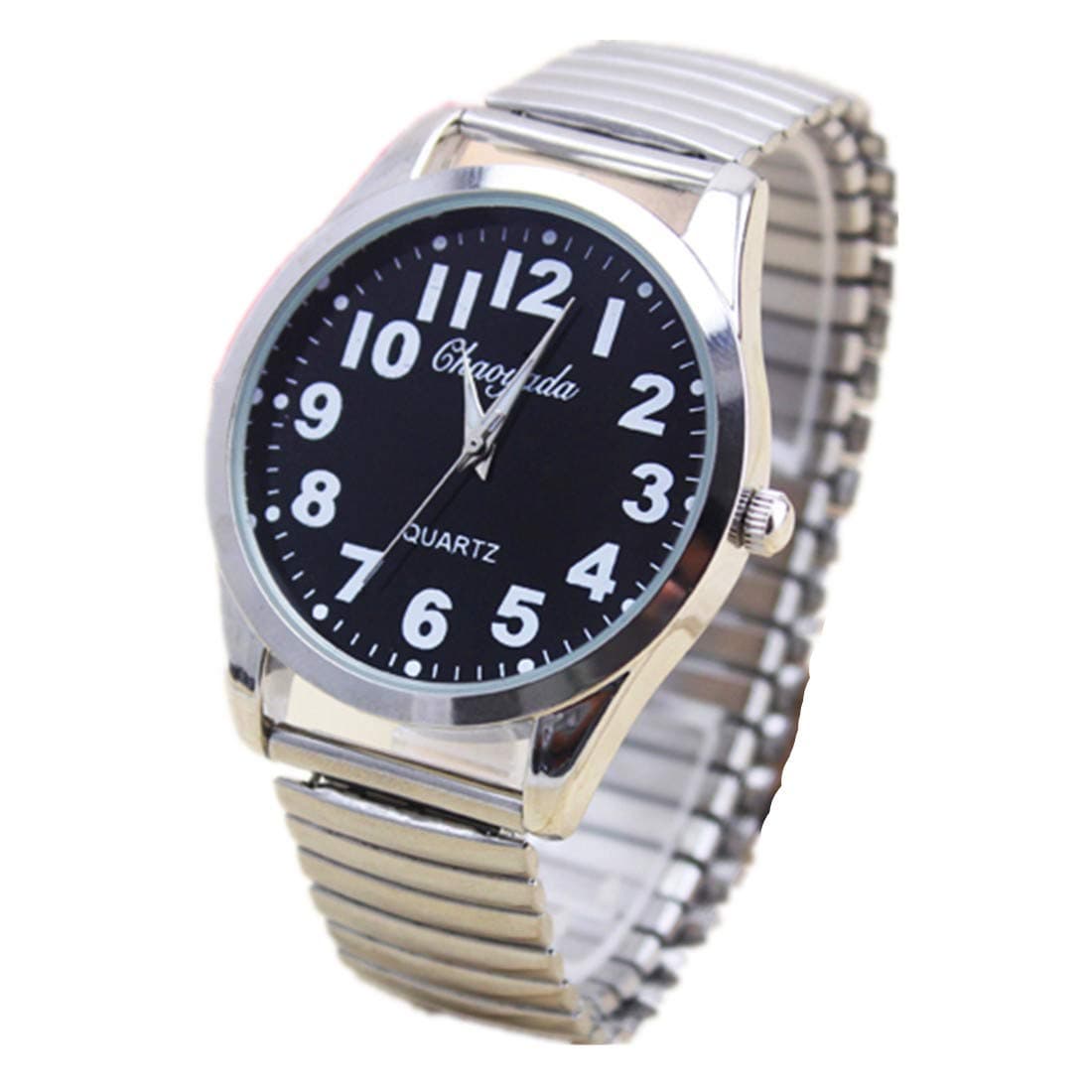Classic Men’s Easy Reader Big Dial Number Sliver Stainless Steel Expansion Strap Bracelet Elastic Wristwatches (Dial 40 Black)