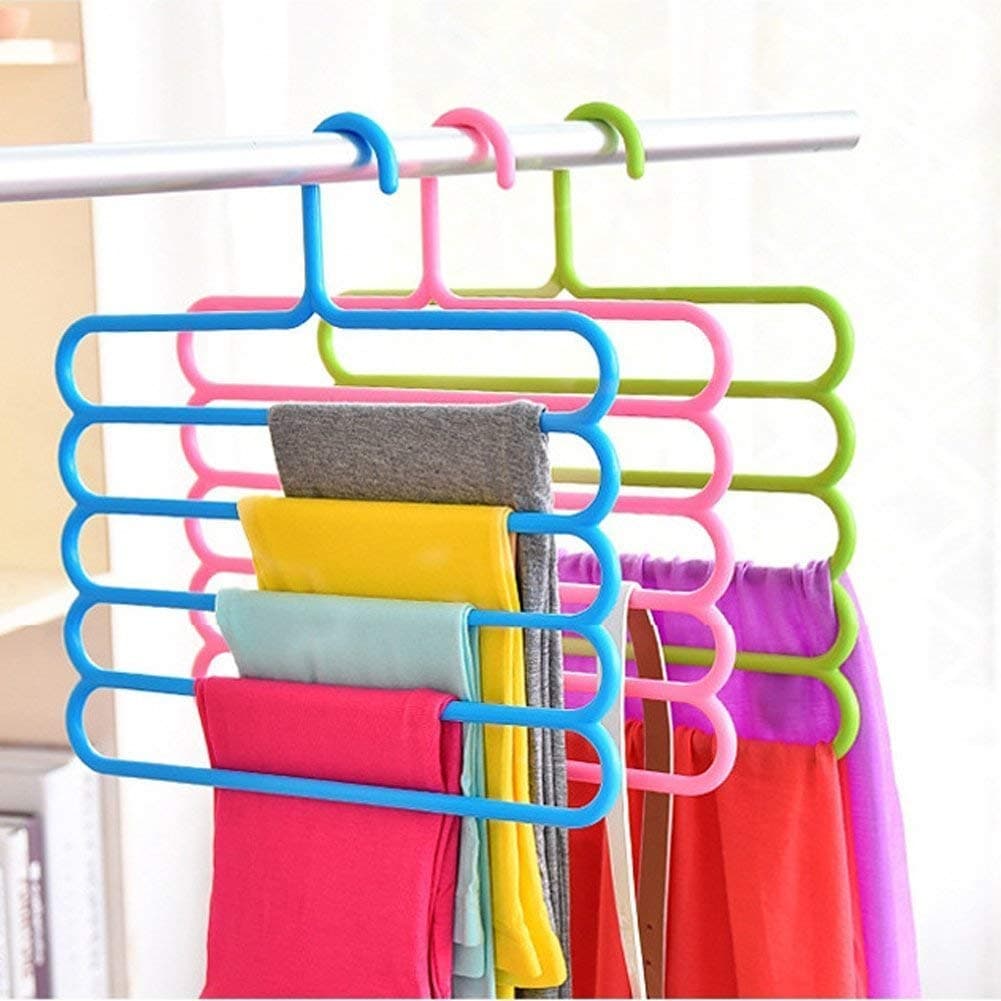 Primelife Plastic 5 Layer Pants Clothes Hanger Wardrobe Storage Organizer Rack (Set of 3), 33L X 1B X 32H Cm (Assorted Colour)
