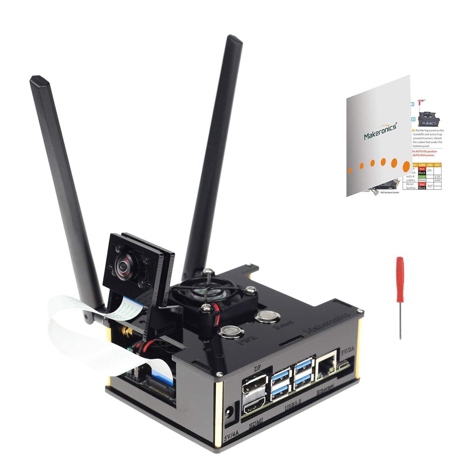 Makeronics Acrylic Case/Enclosure (Black) for Jetson Nano B01,A02,2GB Board with Camera Case | 5V PWM Cooling Fan | Power & Reset Control Switch | Assembly Instruction Included