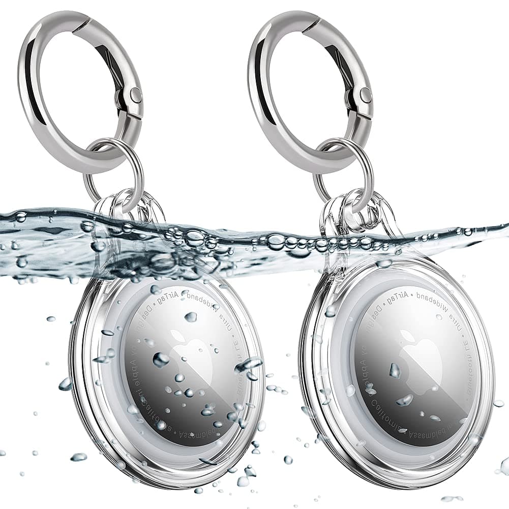 COOLQO 2 Pack IPX8 Waterproof 3M (10ft) Performance Air Tag Keychain Holder Case Compatible with Apple AirTag Case, for Dog cat Collar Tracker Key Ring Hard Shockproof Locator Protective Cover Clear