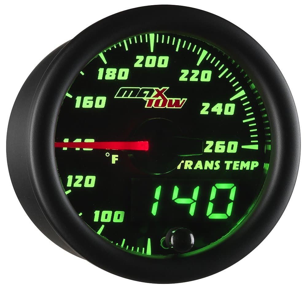 MaxTow Double Vision 260F Transmission Temperature Gauge Kit - Includes 1/8-27 NPT Electronic Sensor & Wiring - Black Dial - Green LED Lighting - Analog & Digital Readouts - for Trucks - 2-1/16" 52mm