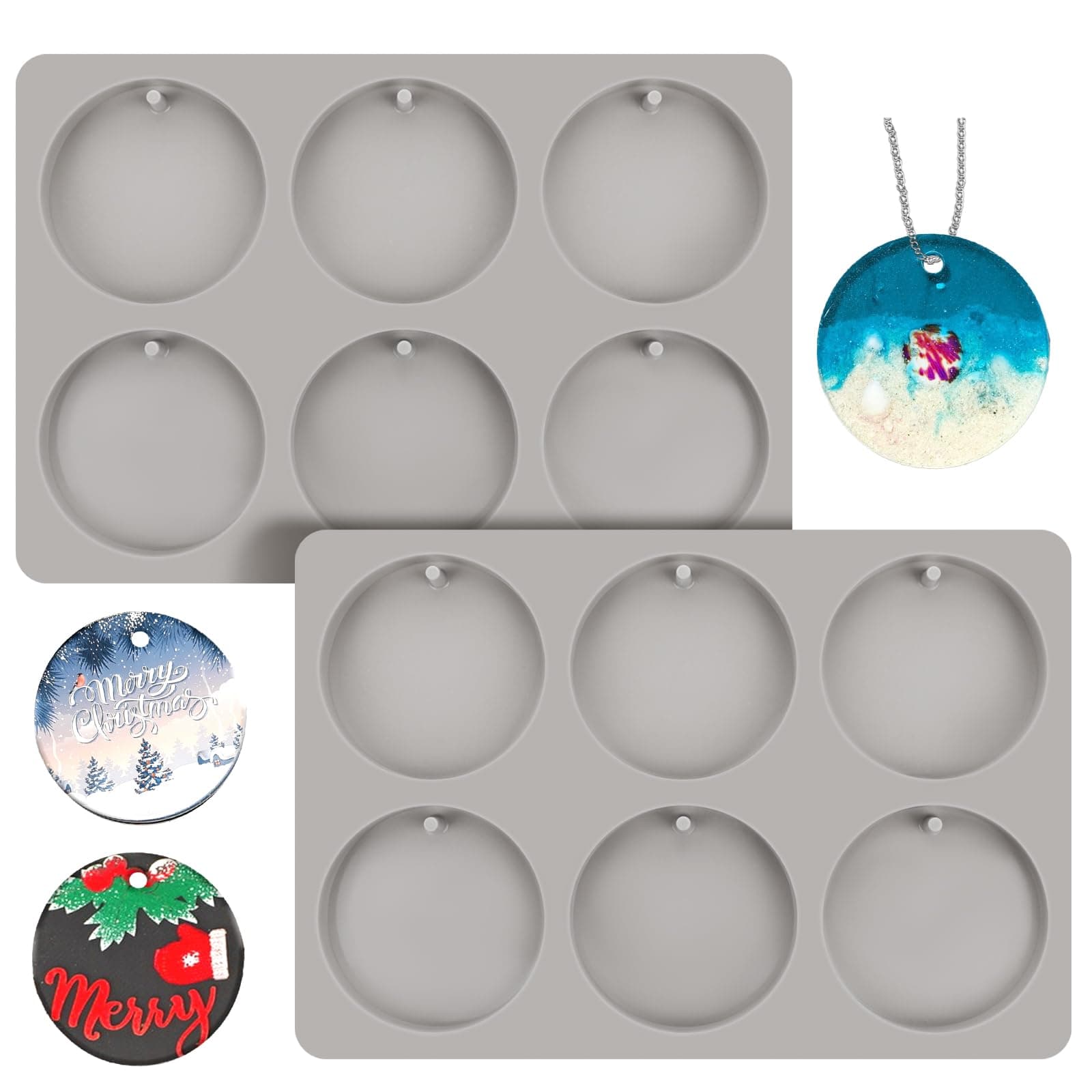 2 Pcs Flat Circle Silicone Molds Christmas Candlestick Mold Round Shape Pendant Molds Casting Mold with Hanging Hole Epoxy Resin Ornament Molds for Christmas Tree Decorations DIY Craft Pendant Making