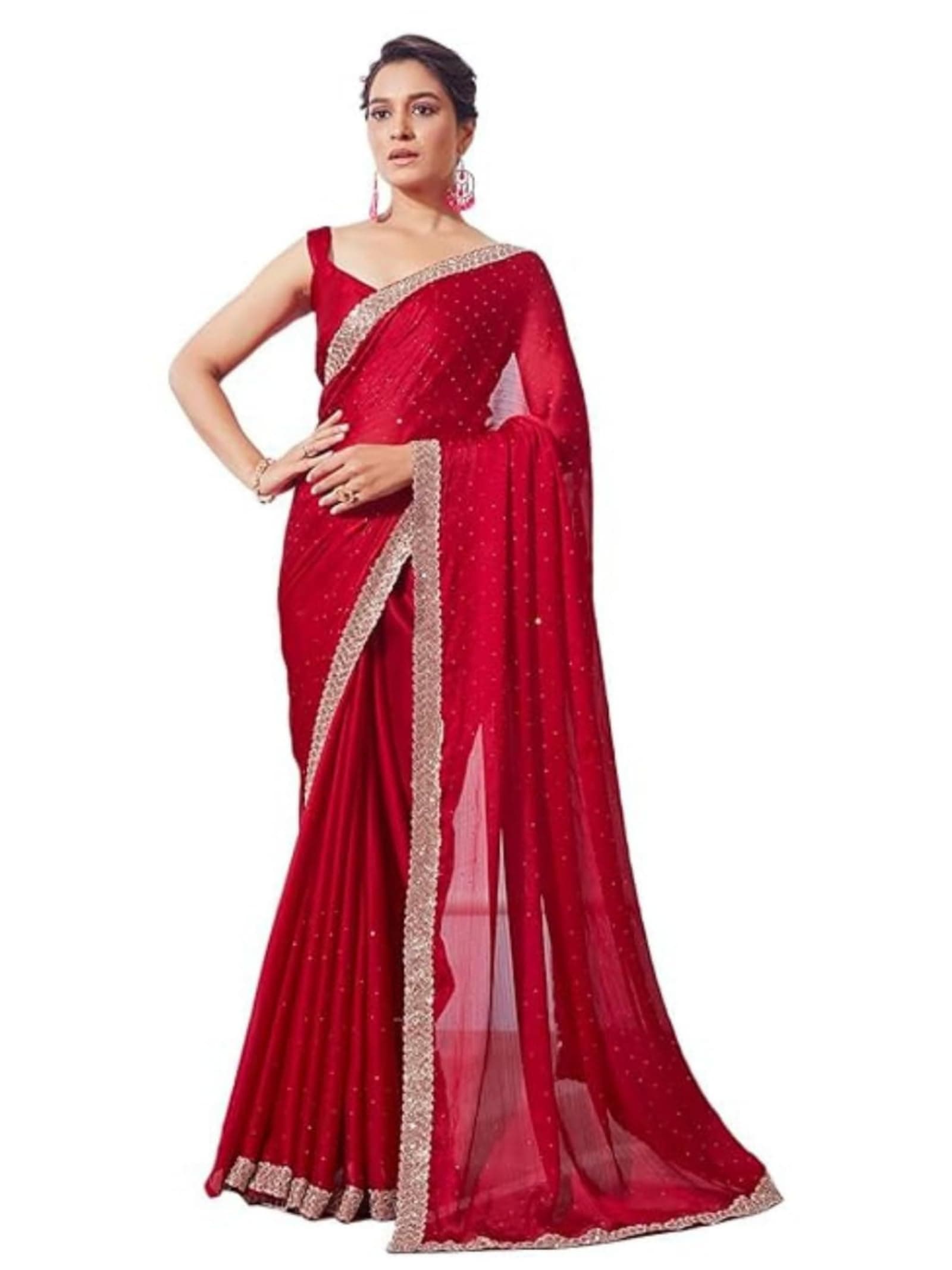 ORHANS Women's Satin Chiffon All Over Fix Diamond With Lace Work Saree With Matching Unstitched Blouse Piece