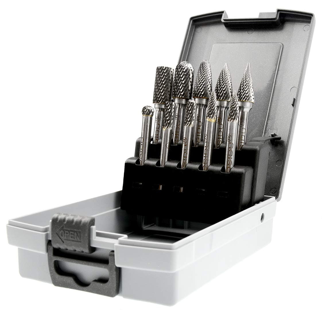 OSIDU Carbide Burr Set 10pcs Die Grinder Bits 1/2 Inch Cutting Burrs 1/4 Inch Shank Double Cut Carbide Rotary Burr Set for Die Grinder Drill,Metal Carving,Polishing,Engraving,Drilling