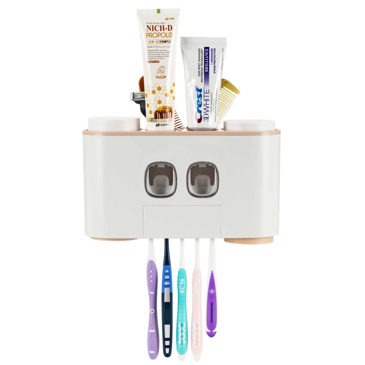 Toothbrush Holder Multifunctional Wall-Mounted Space-Saving Toothpaste Squeezer Kit with Dustproof Cover, 5 Toothbrush Slots, 2 Automatic Toothpaste Dispenser and 4 Cups. (Pink)