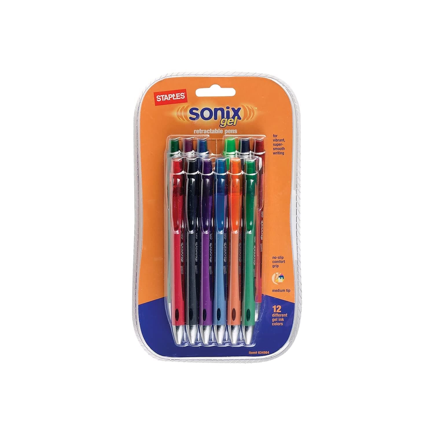 STAPLES 634984 Sonix Retractable Gel Pens Medium Point Assorted Ink 12/Pk