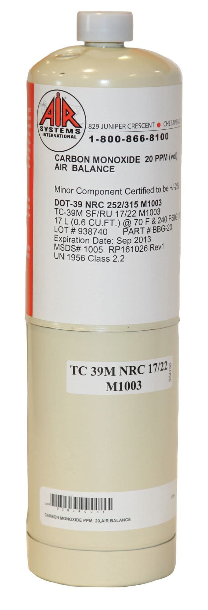 Calibration Gas Cylinder, CO, 20ppm, 17L