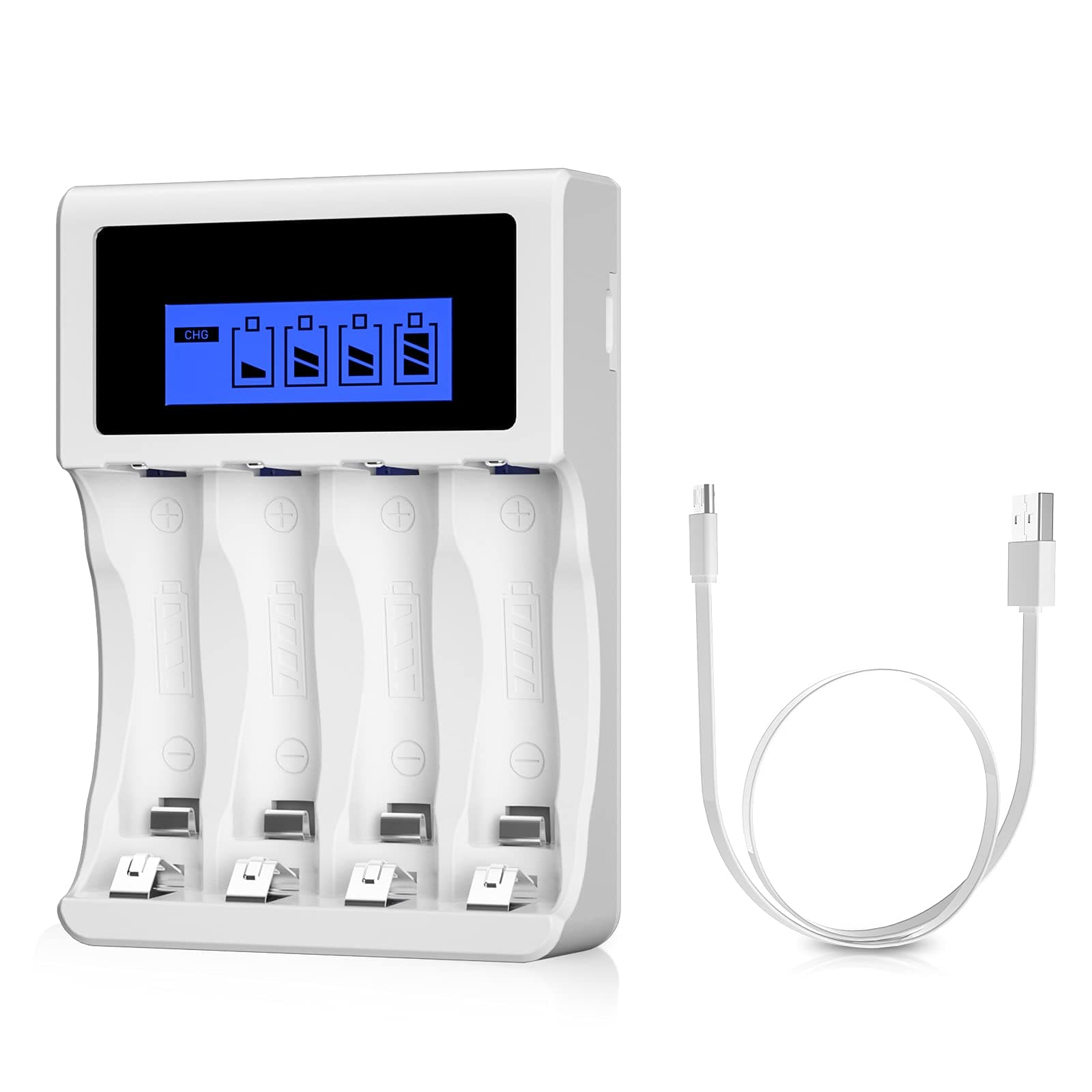 BONAI 4 Bays AA AAA Ni-MH Ni-CD Battery Charger, LCD Display Smart Charger With Unique USB Design(Micro USB Cable Included)