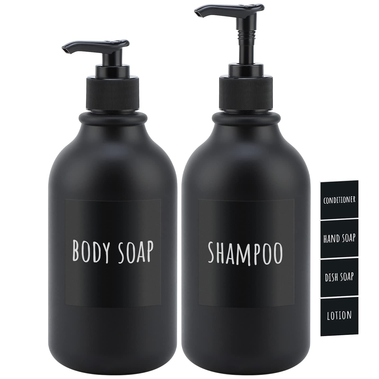 Segbeauty Matte Black Shampoo Dispenser, 2pcs 16.9oz Empty Refillable Pump Bottle with Labels, 500ml Plastic Press Lotion Dispenser Bathroom Shower Containers for Conditioner Hand Wash Gel Dish Soap
