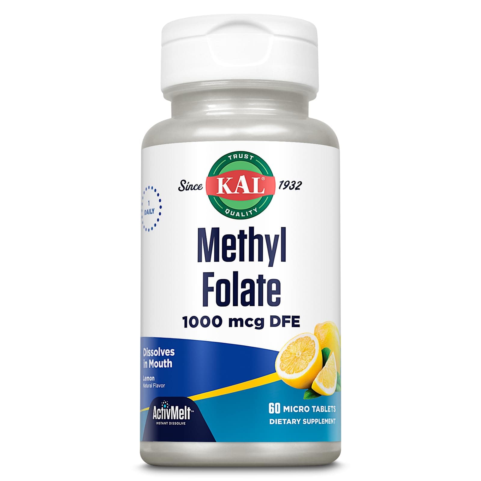 KAL Methyl Folate 1000 mcg - 5-MTHF Active Form, Folic Acid Supplement for Women and Men, Heart Health, Prenatal, Brain Support for Adults, Vegetarian, Natural Lemon ActivMelt - 60 Micro Tablets