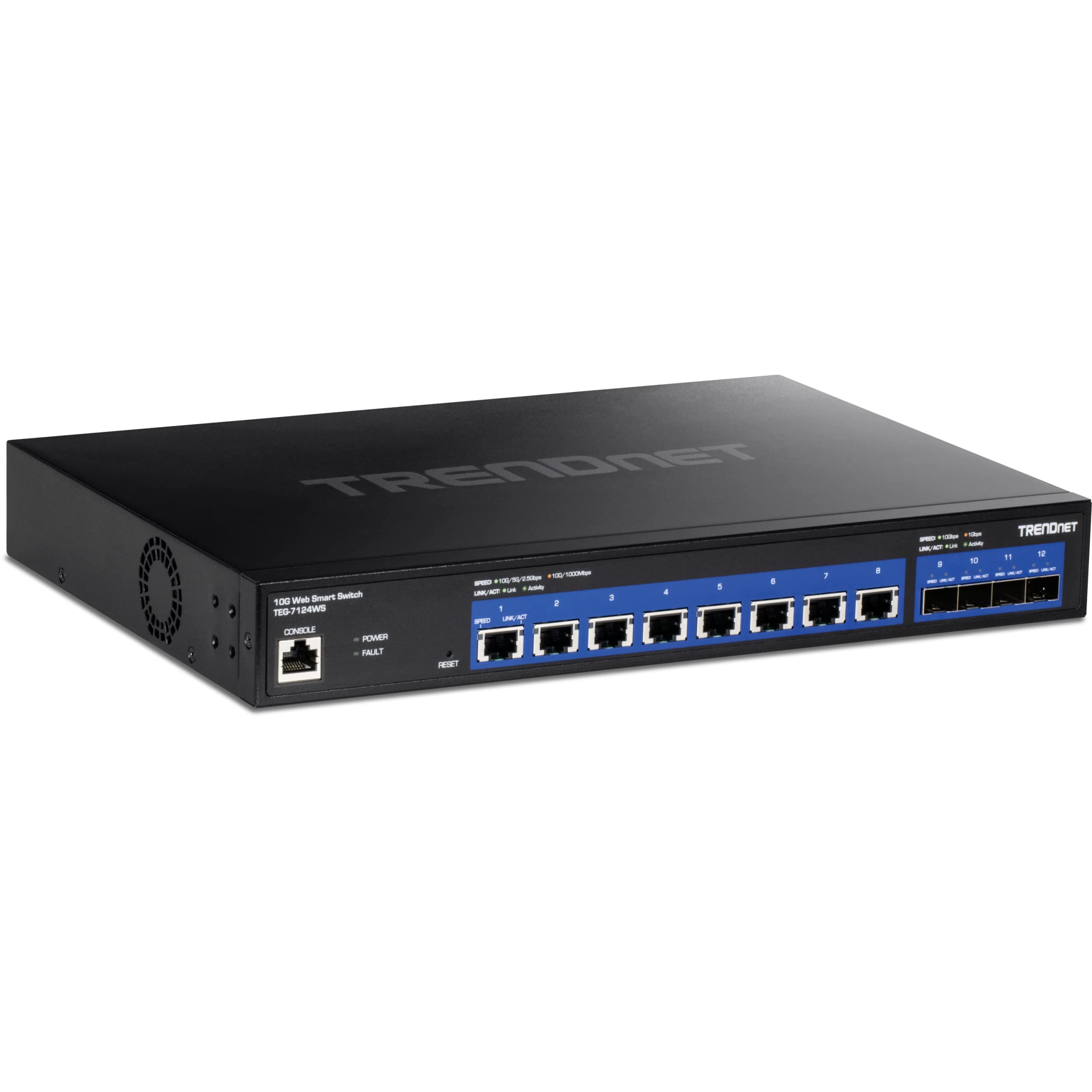 TRENDnet 12-Port 10G Web Smart Switch, 8 x 10G RJ-45 Ports, 4 x SFP+ Slots, VLAN, QoS, LACP, and IPv6 Support, Web Smart Management, Rack Mountable Housing, Black, TEG-7124WS