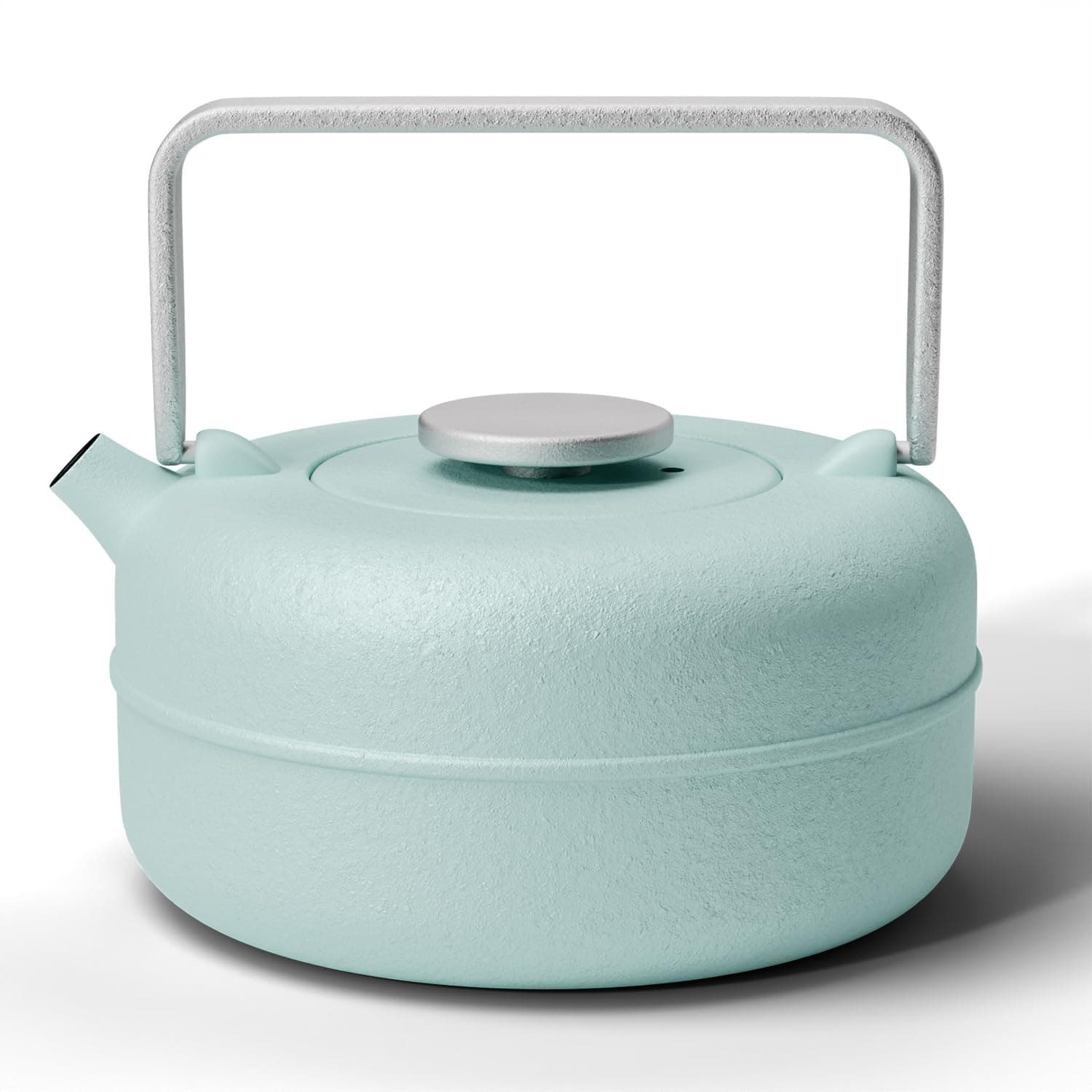 Teapot with Removable Infuser, Cast Iron Tea Kettle Stovetop Safe, Solid Geometry Cylinder Design Tea Pot Coated with Enameled Interior for 27 Ounce (800 ml), Babyblue