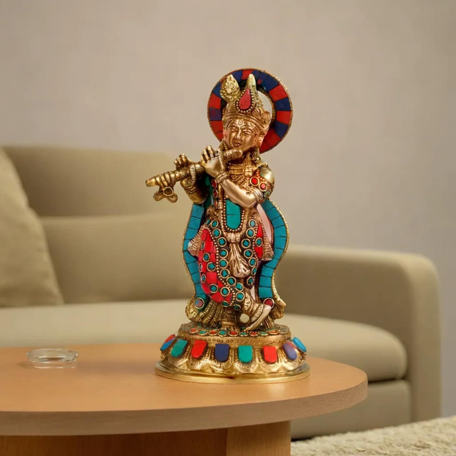 Brass Lord Krishna Murti for Gift Idol Statue Large Size Krishna Playing Flute Standing On Round Pedestal with Multicolor Stone Height 8.5 Inches