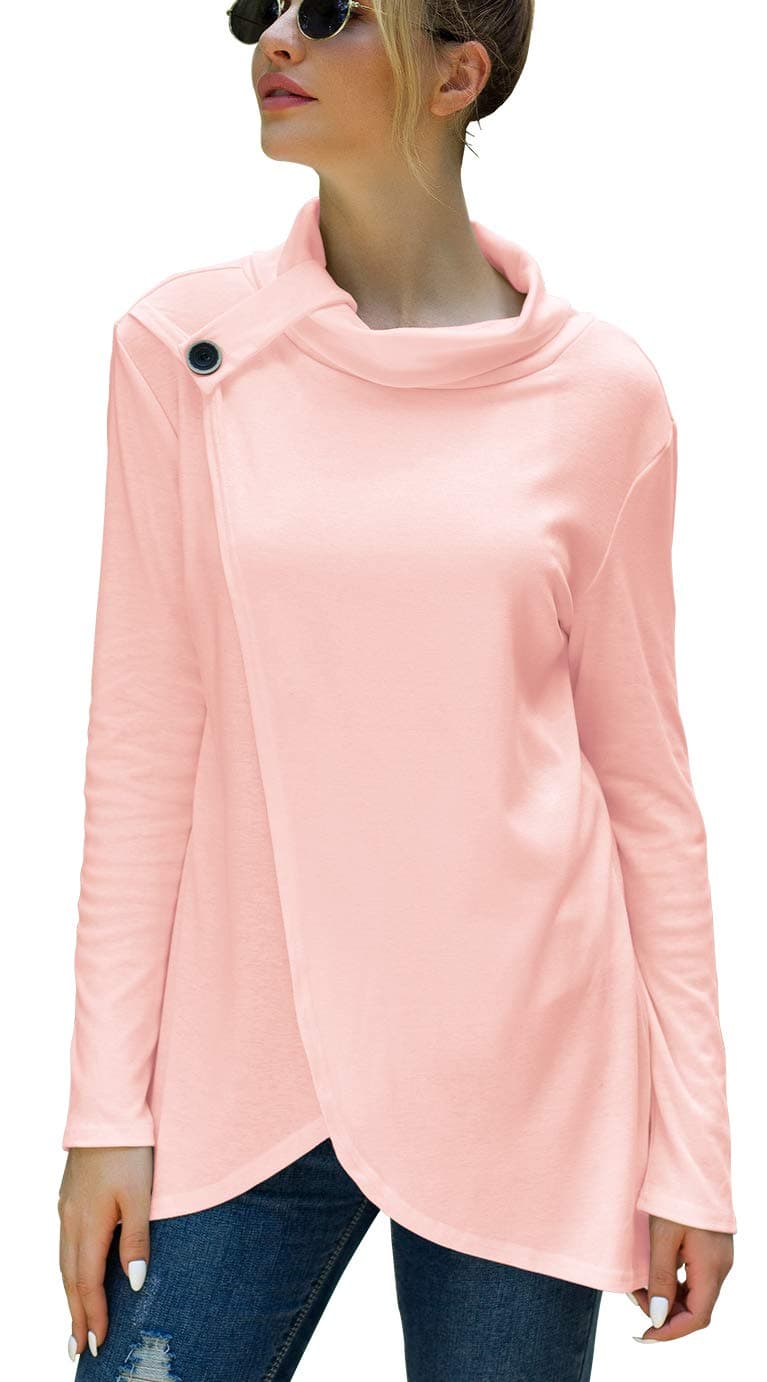 Iandroiy Women's Wrap Shirts Turtleneck Loose Button Lightweight Pullover Tunic Tops