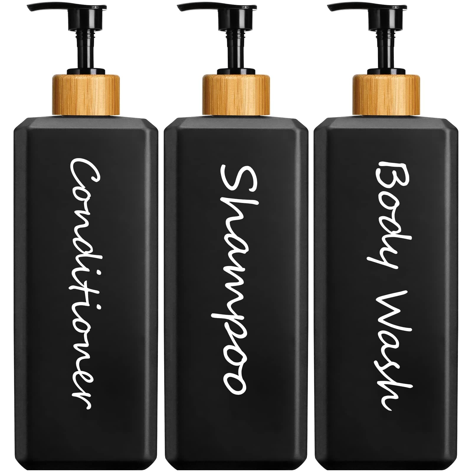 GMISUN Shampoo and Conditioner Dispenser, Refillable Black Refillable Shampoo and Conditioner Bottles with Bamboo Pump, Modern Bathroom Shower Bottles Set for Shampoo Conditioner Body Wash, 3 Pack