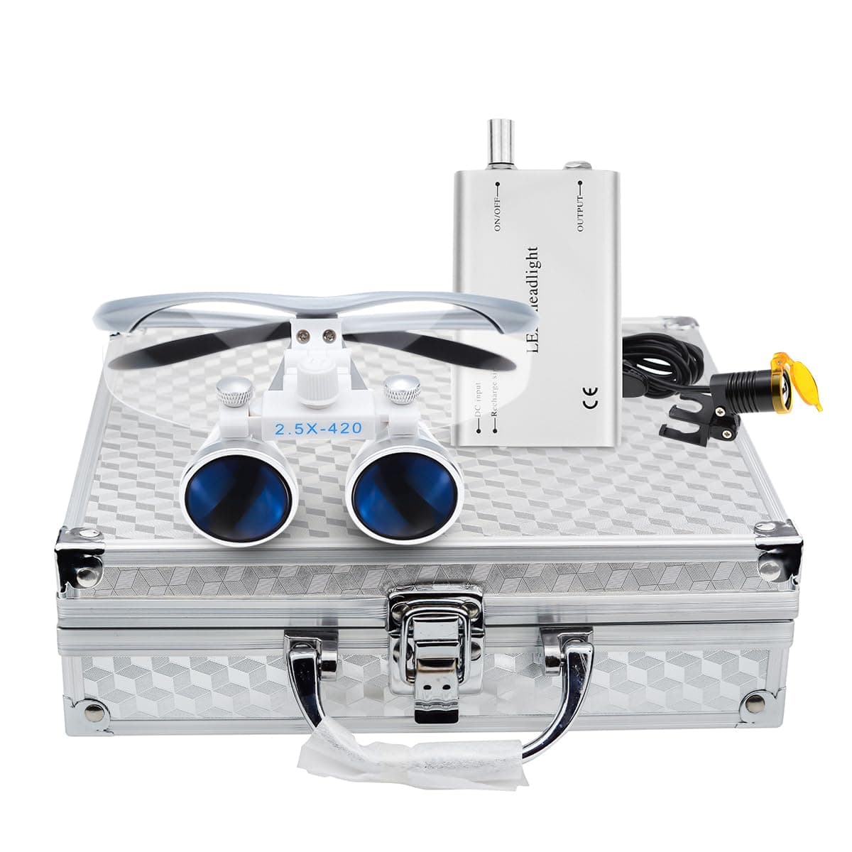 2.5X Binocular Loupes Optical Glasses +3W LED Headlight Lamp with Filter + Aluminum Box Silver