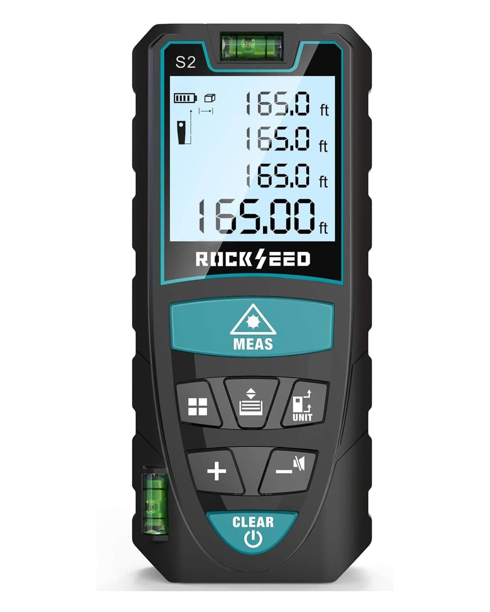 Laser Meter,50M/165ft Digital Laser Distance Meter with 2 Bubble Levels,M/In/Ft Unit switching Backlit LCD and Pythagorean Mode, Measure Distance, Area and Volume