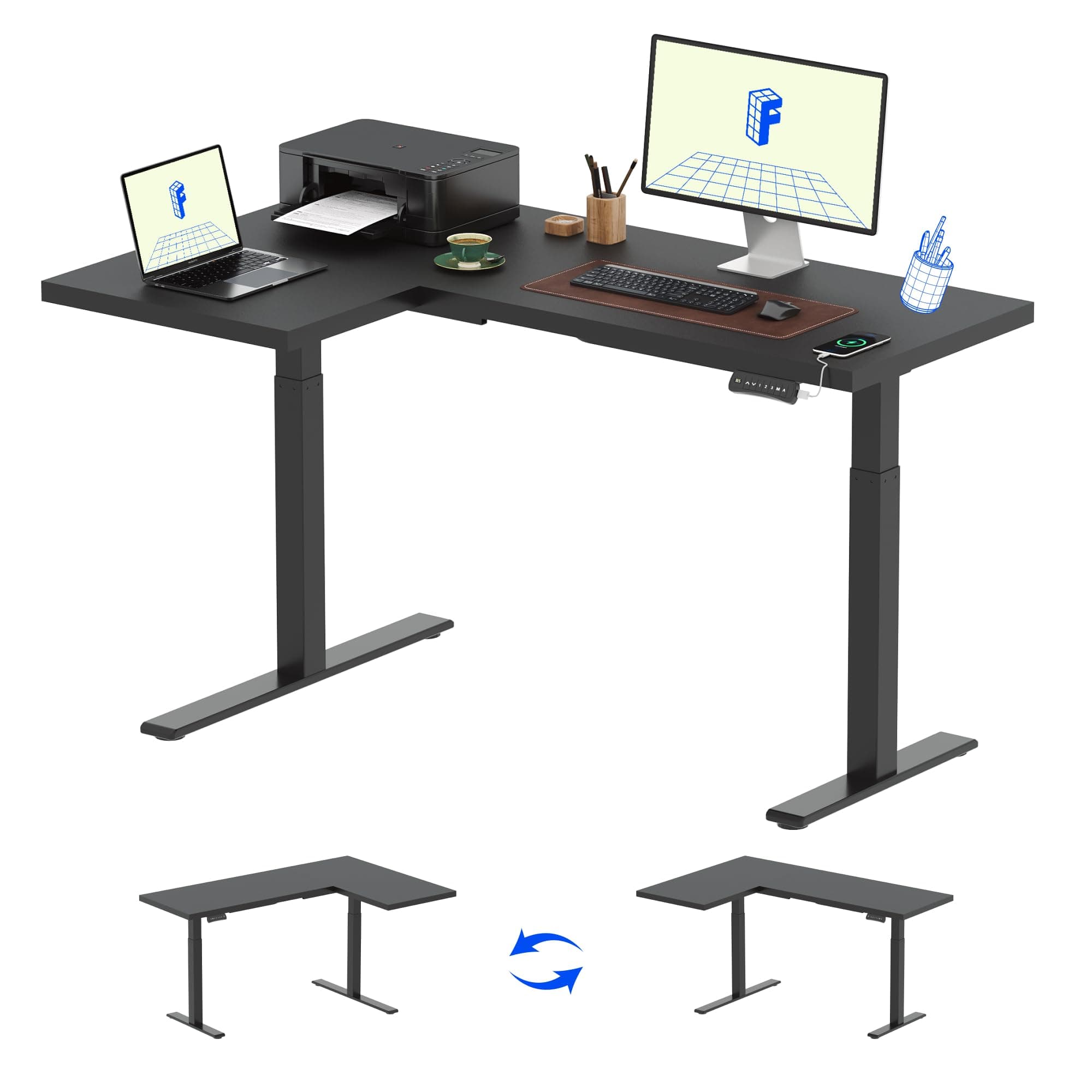 Pro Corner Desk Dual Motor L Shaped Computer Electric Standing Desk Sit Stand Up Desk Height Adjustable Desk Home Office Table with Splice Board, 63x40 Black(2 Pakages)