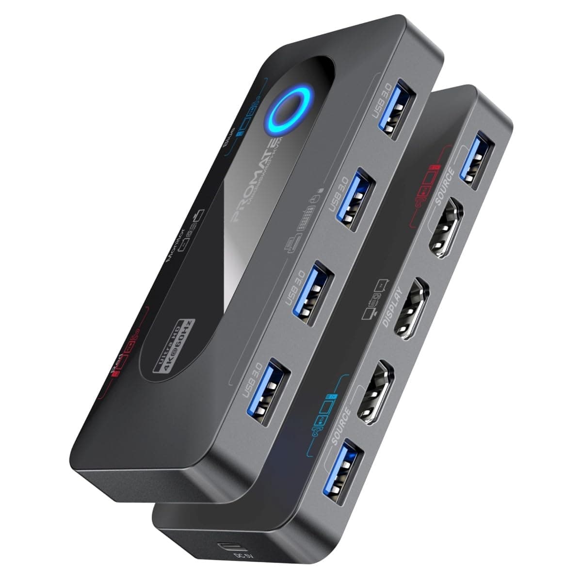 Promate KVM Switch Selector with USB Hub, Four 5Gbps USB-A 3.0 Output Ports Switched to the Selected Input, Dual 4K HDMI Inputs, HDMI Output, Input Toggle Button, Included Cables, MediaSwitch-KVM