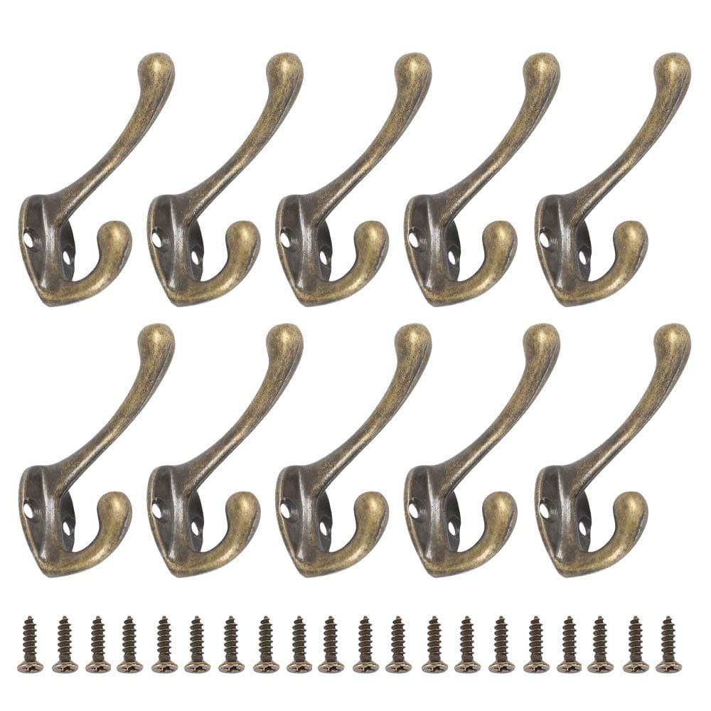 10Pack Heavy Duty Dual Coat Hooks Wall Mounted with 20 Screws Vintage Antique Bronze Hooks for Door Coat Hooks Bathroom Kitchen
