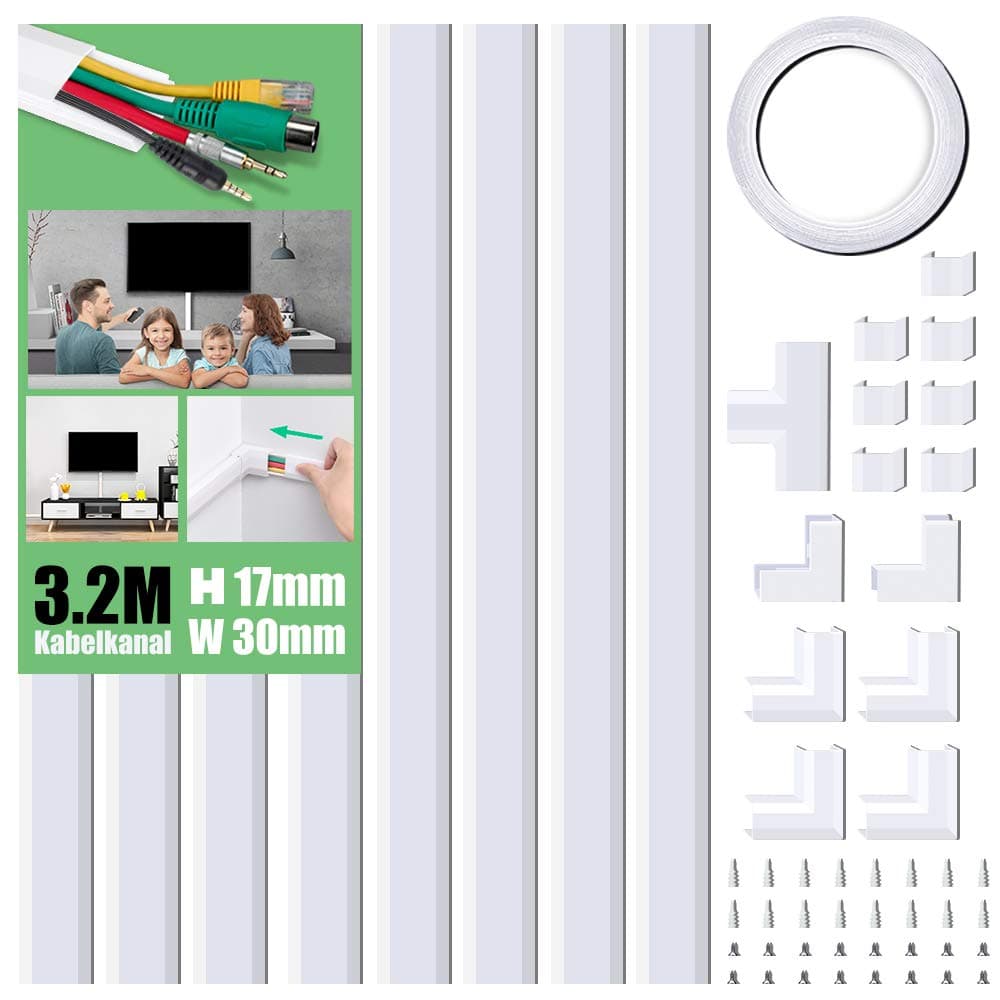Cable Duct Self-Adhesive White, 320 cm PVC Cable Cover, Cable Duct for Hiding Cables, TV Cable Duct for All Power Cables in Household/Office, 8 Pieces x L40 cm x W3 cm x H1.7 cm