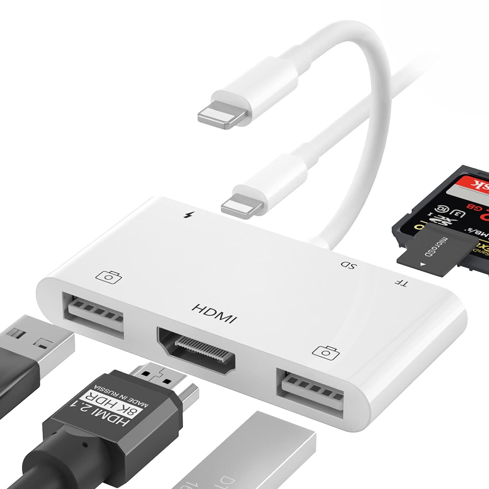 Lightning to HDMI Adapter for iPhone, 6 in 1 TF & SD Card Reader with Charging Port, HDMI Adapter to TV /Monitor/Projector/USB Drive/MIDI /Keyboard/Mouse Suitable for Meeting Speech and Teaching