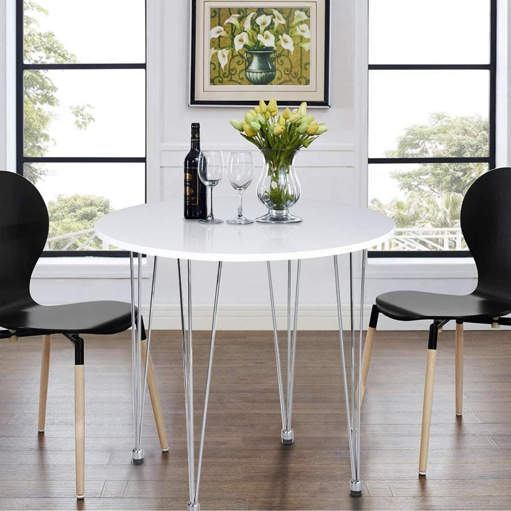 White Dining Table, Round Kitchen Table, Small Dining Table Modern Coffee Table with Hairpin Legs for Dining Room Kitchen Office Lounge