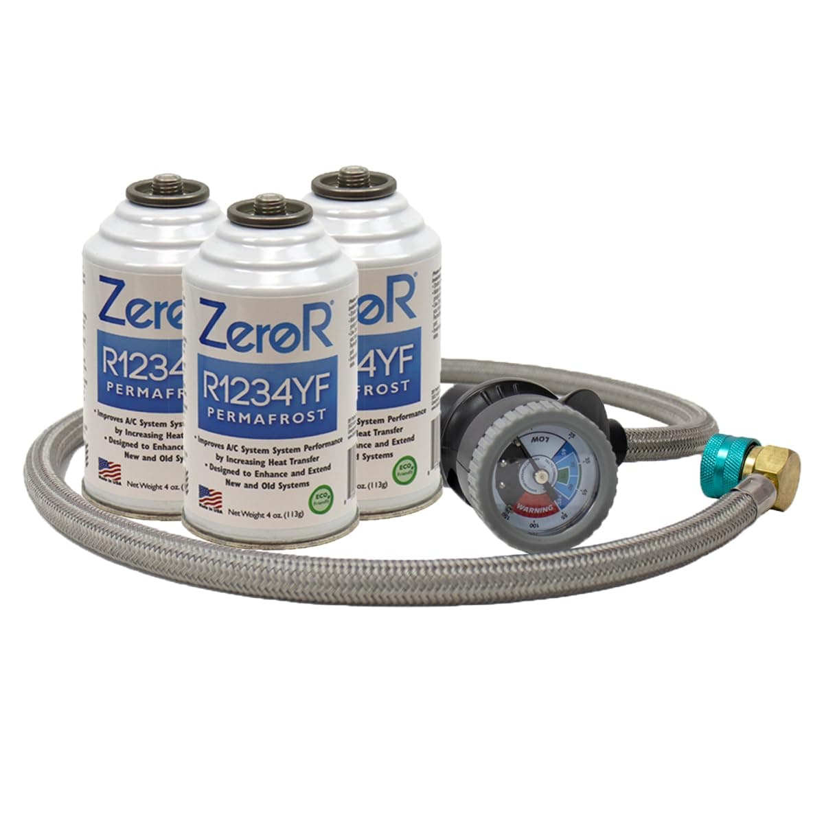 ZeroR® Performance Booster Kit for R1234YF Refrigerant AC Systems | 4oz Cans of ZeroR Performance Booster | 36" Steel Can Tap & Gauge