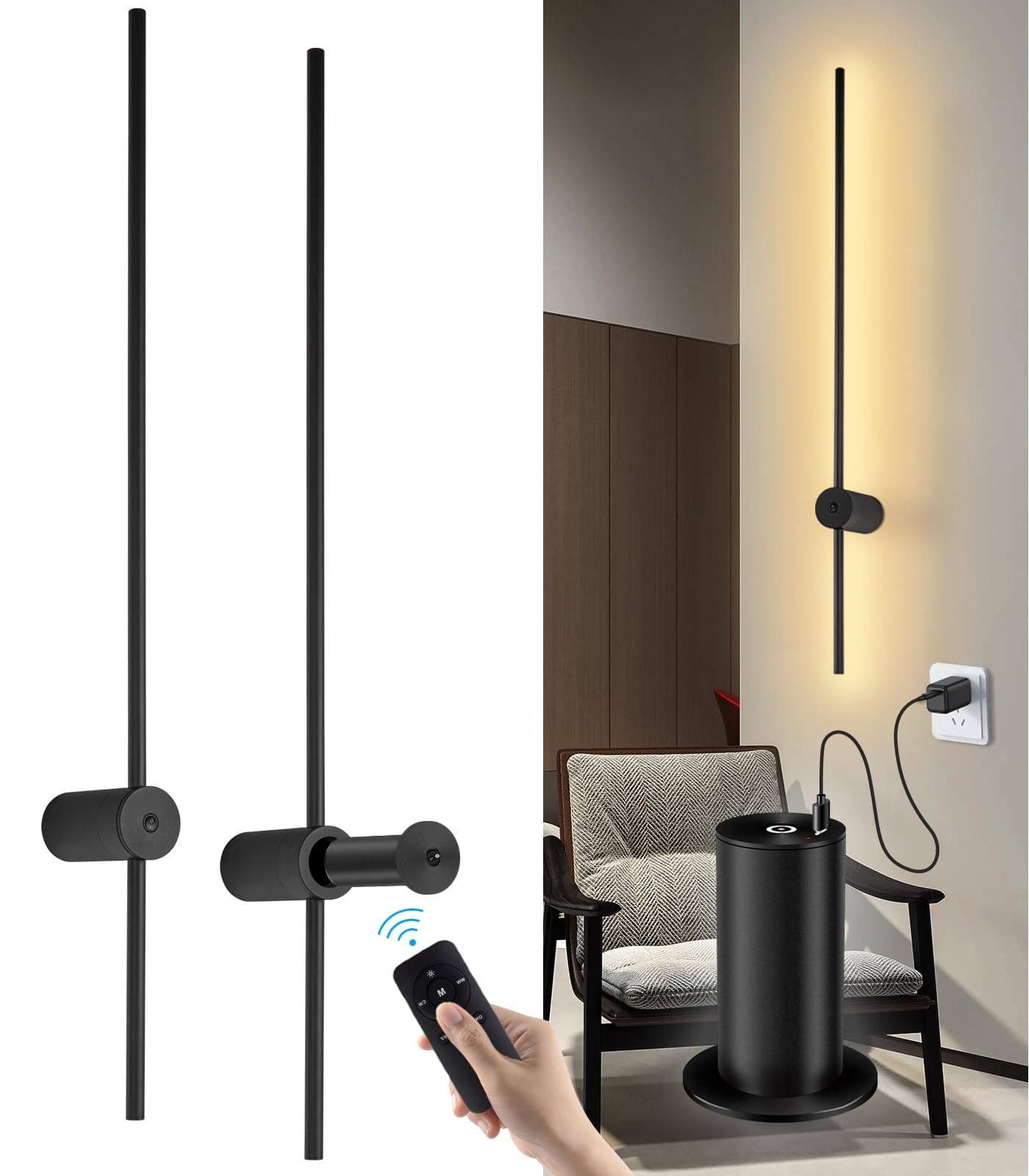Battery Operated Wall Lights Indoor, USB Rechargeable Wall Light with Remote Control, Dimmable Wireless LED Wall Lamp Black 100CM, 360° Rotation Modern Wall Sconces for Living Room, Bedroom, 2 Pack