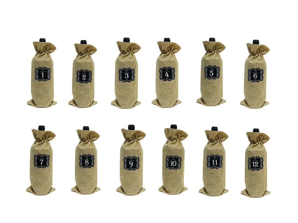 12 PCS Burlap Wine Bags with Drawstring Wine Blind Tasting Bag Plus 12 Number Sticker For Blind Tasting And Travel, Wedding, Birthday, Housewarming and Dinner Party