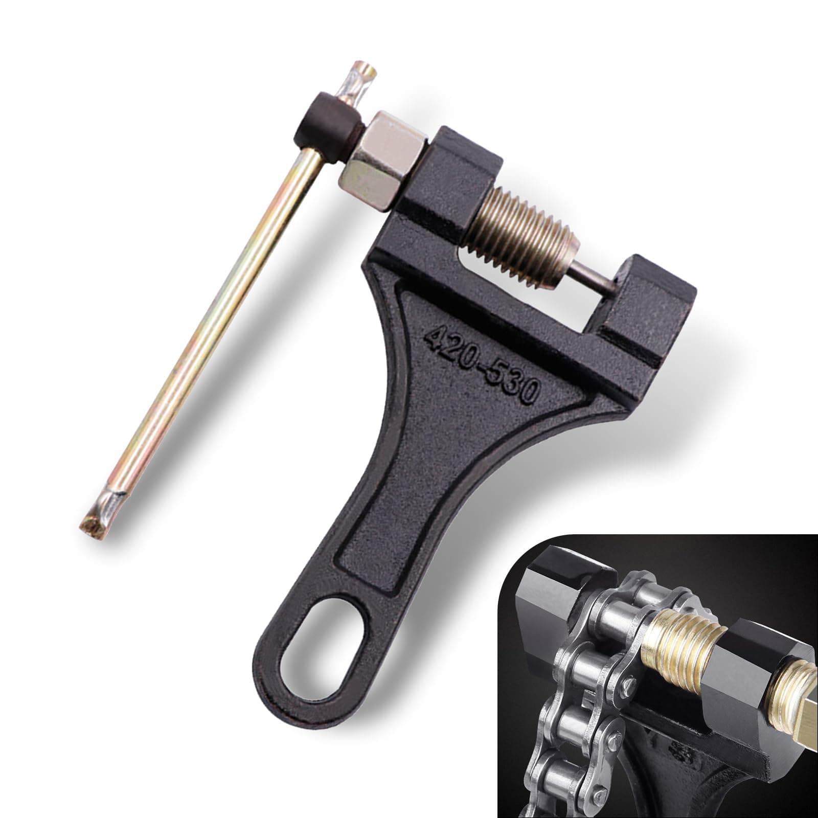 1 PC Car Chain Breaker, Threaded Rotating Fixed Chain Disassembly Labor-saving Tool for 420 428 520 525 528 530 Roller Chain, Anti-falling Fixed Card Slot, Universal for Car Motorcycle (Black)