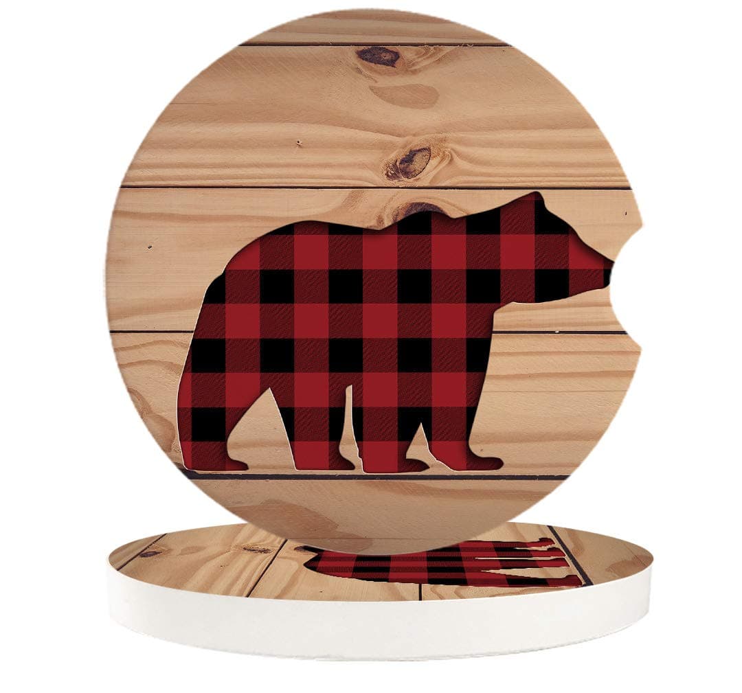 Car Drinks Coasters for Cup Holders Set of 4 Pack Buffalo Check Plaid Bear Wood Rustic Absorbent Ceramic Stone for Auto Coasters, Car Accessories Easy Removal from Auto Cupholder
