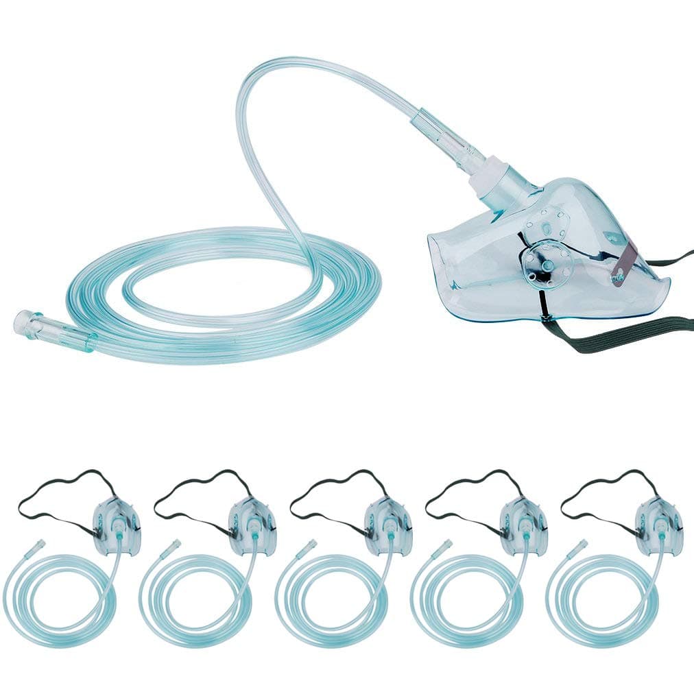 5 Pack Oxygen Mask with 6.6' Tubing and Adjustable Elastic Strap - Adult Europe Size L