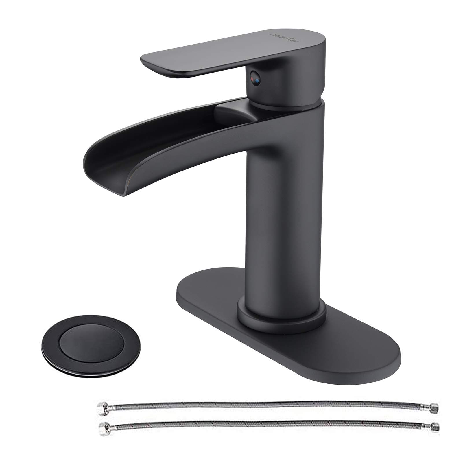 Black Waterfall Bathroom Faucet,Single Handle Bathroom Sink Faucet with Pop-Up Drain & Supply Hoses, One or Three Holes Deck Mount for Farmhouse RV Vanity Faucet, Easy Install,Matte Black