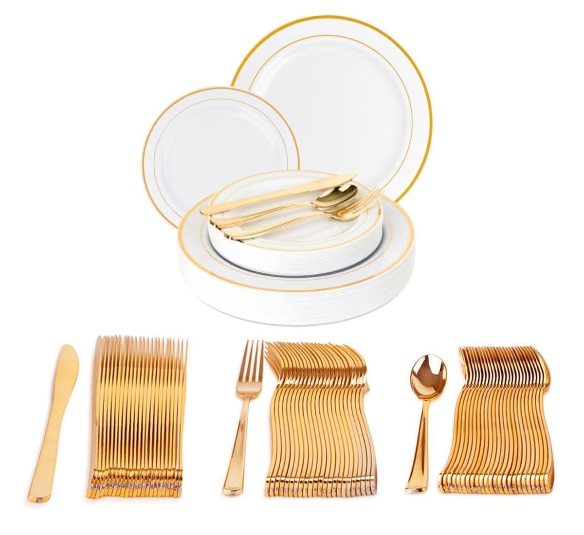 PARTY BARGAINS 125 Disposable Plastic Dinnerware Set for 25 Guest - Gold Settings, 25 Each: 10" Dinner Plates, 7" Salad/Dessert Plates, Forks, Knives, Spoons for Weddings, Bridal Showers, Birthday
